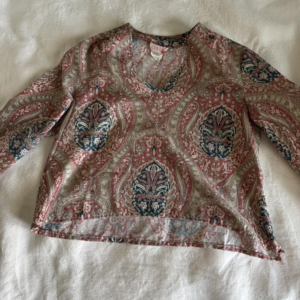 Paisley V-Neck Long Sleeve Blouse in Rose and Teal